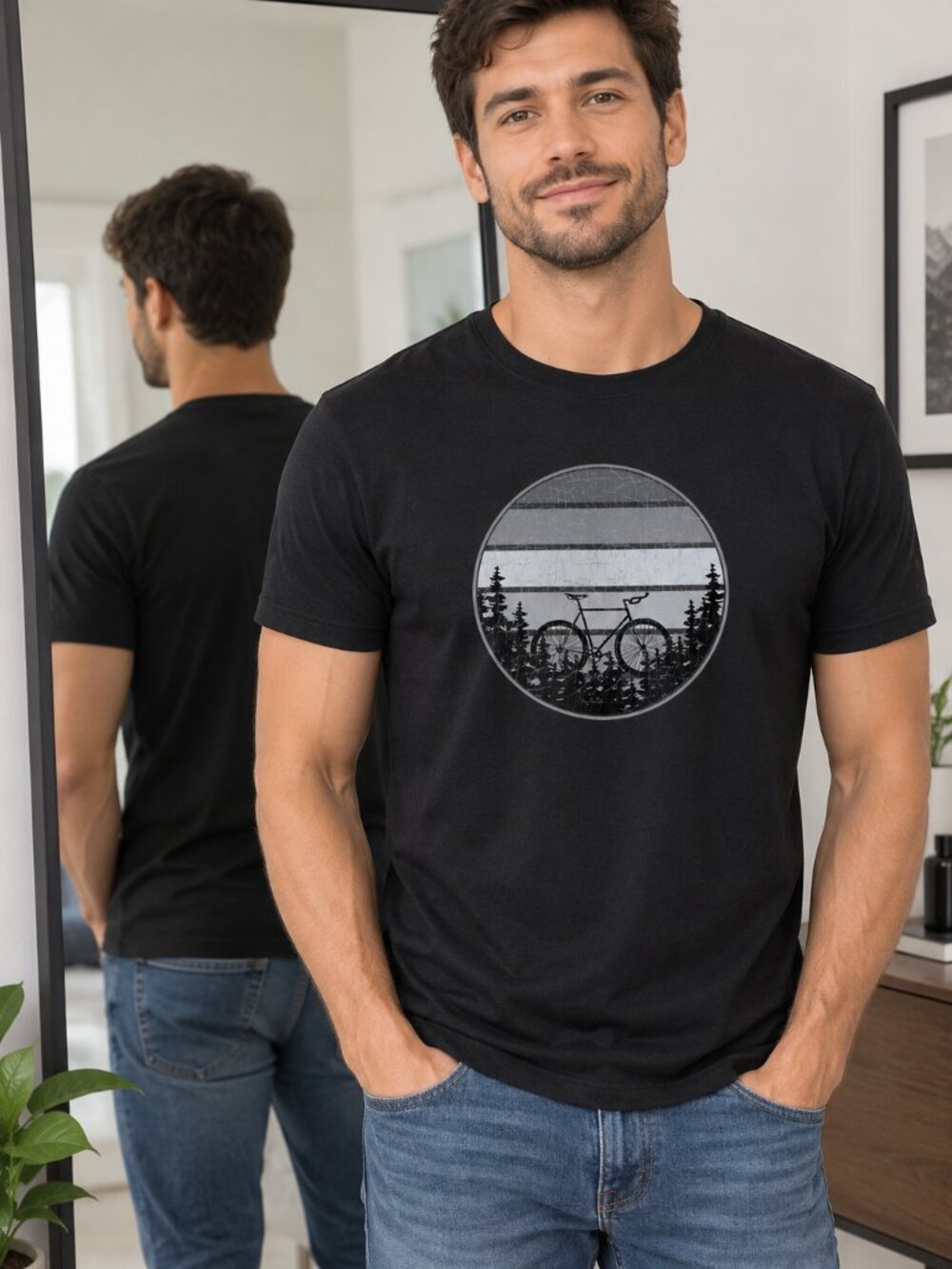 Mountain Bike T-Shirt: Bike, Sunset, Pine Trees Distressed Look MTB Biker Gift